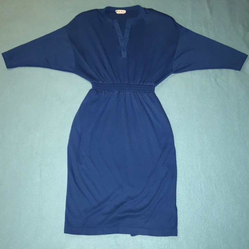 PERI midi dress elastic waistband slit back bottom 2 pockets shoulder pads SZ 6